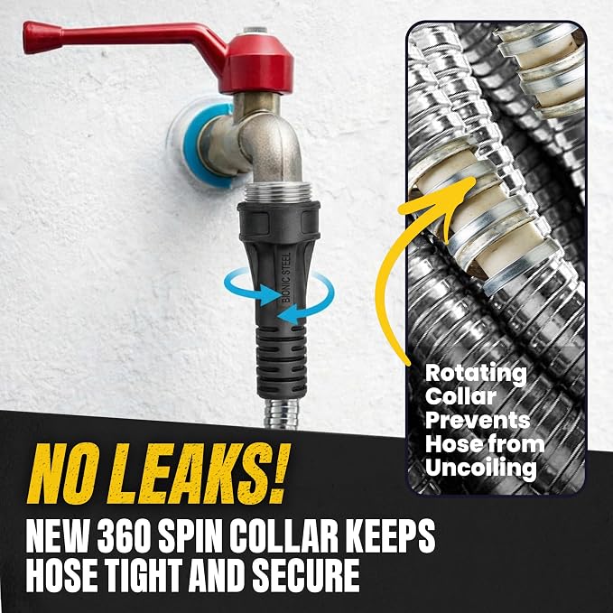 BIONIC STEEL 100 Ft Metal Garden Hose with Sprayer Nozzle | Non Kinking Design, Stainless Steel Heavy Duty Water Hose 100 Ft x 5/8 in. Flexible & NON Expandable for Water Flow, 500 PSI