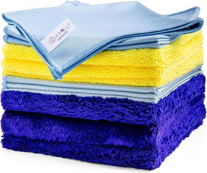 L.I.Q. Microfiber Cleaning Cloths, Reusable and Lint-Free, Pack of 12 | 4 Types of Microfiber Cloths for Cleaning: Coral Fleece, Glass, Fishscale, Long Pile (3 Each), Easy to Wash, Durable Quality