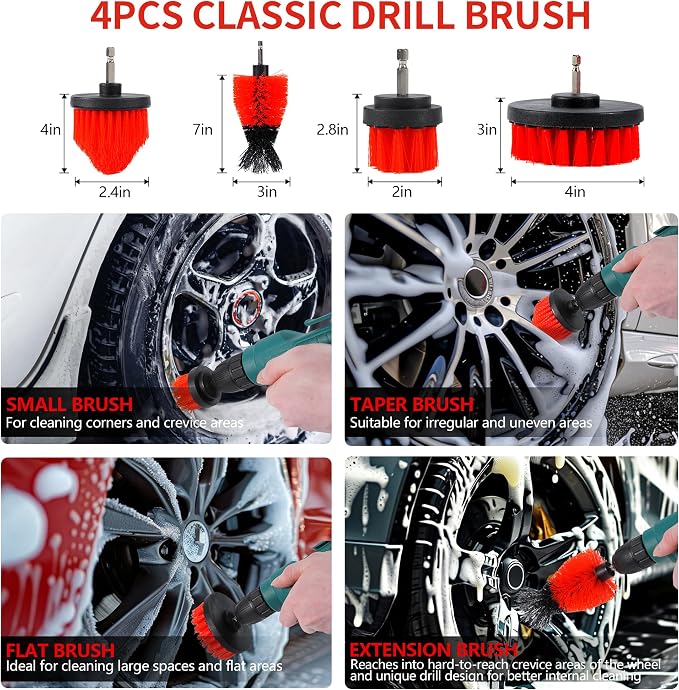 35Pcs Car Detailing Kit, Car Cleaning Kit and Detailing Brush Set | Windshield Cleaner Tool, Long Wheel Brush & Angled Brushes, Polishing Pads & Wax Pads, Red Tool Box, Gift for Men
