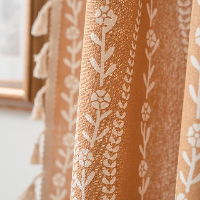 Sutuo Home Boho Curtains 63 Inches Length for Kitchen Bedroom, Printed Cotton Linen Rod Pocket Rustic Farmhouse Bohemian Tassels Window Treatment, 1 Panel 59" W x 63" L, Terracotta Stripe Florals