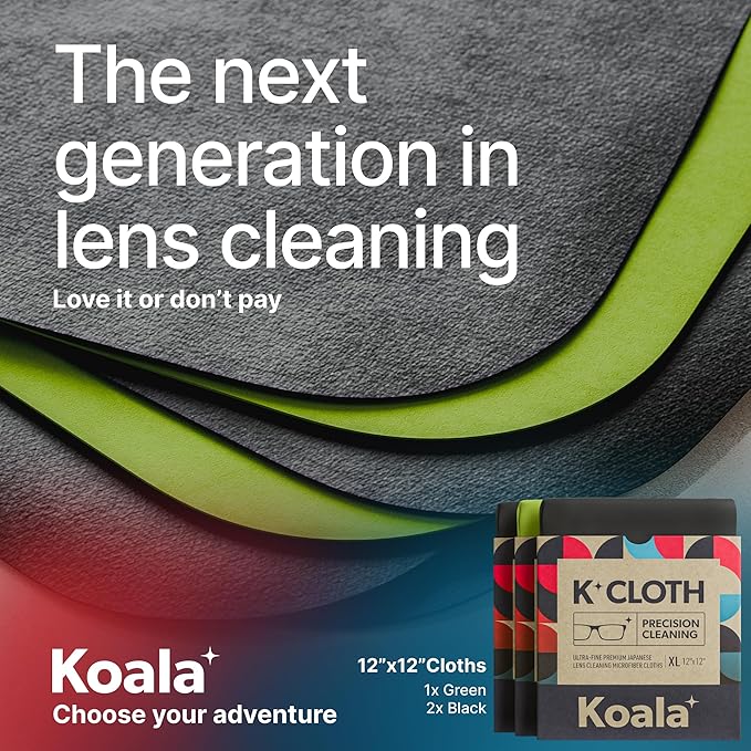 Koala Lens Cleaning Cloth | Japanese Microfiber | Black & Green (Pack of 3) | Glasses Cleaning Cloths | Eyeglass Lens Cleaner | Eyeglasses, Camera, VR/AR Headset, and Screen Cleaner | Washable & Reusable