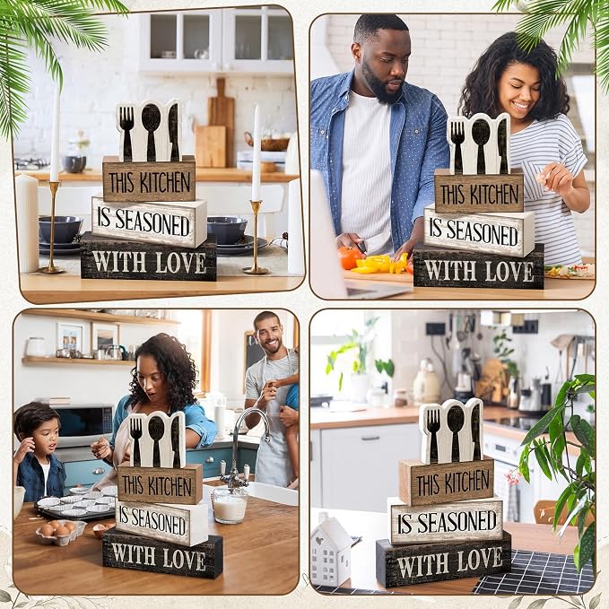 Moucuny 4 Pcs Kitchen Decor Wooden Signs, Farmhouse Tableware Tiered | Rustic Block Signs for Kitchen Shelf, Stackable Tiered Centerpiece, Cutlery Theme Rules Sign, Farmhouse Accessories