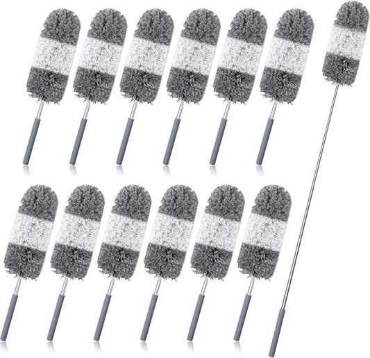 Tanlade 12 Pcs Microfiber Feather Duster for Cleaning, Extendable 13-31 Inch Ceiling Fan Duster with Bendable Head, Washable Tools for Ceiling Fans, Furniture, Car, Cobwebs (Gray White)