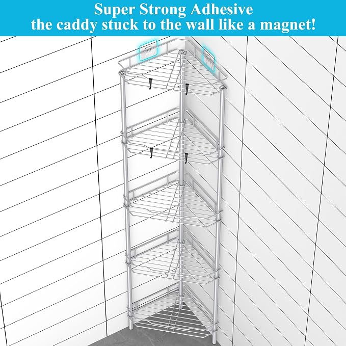 HuggieGems Metal Floor Standing Corner Shower Caddy, Silver, 5 Tier | Adhesive Bathroom Organizer Shelves, Free Standing Shower Rack with Hooks, Hold Large Shampoo Bottles