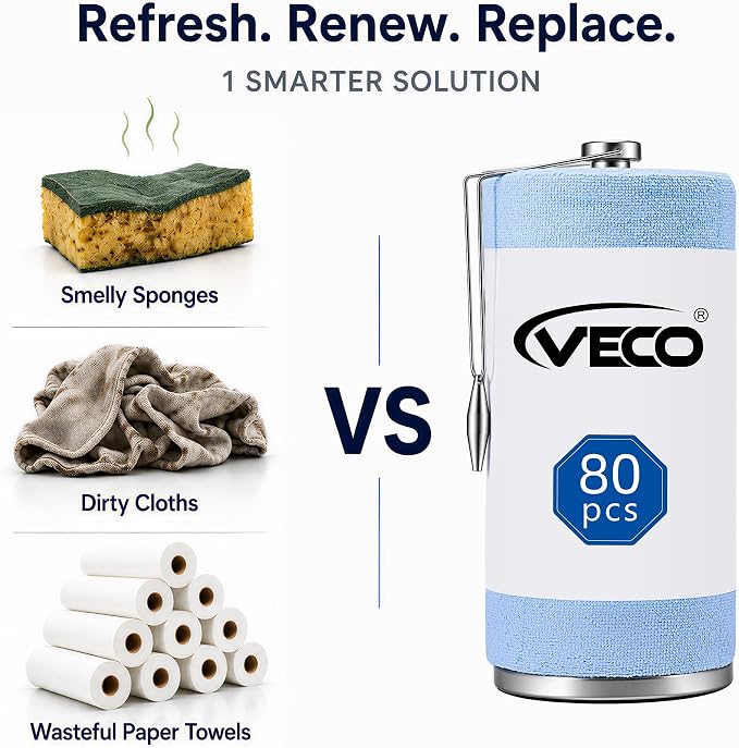 Veco Microfiber Cleaning Cloth Roll with Holder 80 PCS, 12" x 12" Blue | Tear Away Reusable Towels, Lint-Free & Streak-Free Cleaning Cloths, Paper Towel Alternative for Kitchen, Home & Car