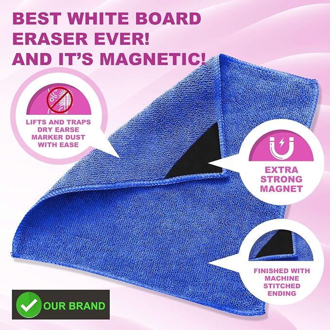 Tudomro 30 Pcs Magnetic Microfiber Cleaning Cloth, Black, Blue | 10'' x 10'', Dry Erasers Bulk, Whiteboards Dry Erase Cloth, Cleaner Reusable, Home, Office,