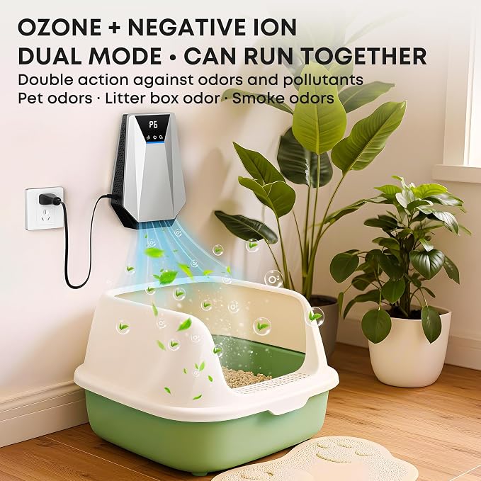 Cat Litter Deodorizer, Ozone Odor Eliminator & Air Ionizers, 99% Litter Box Deodorizer, Air Purifier Plug in for Dog Poop Odor Removal, for Toilet, Wardrobe, Shoe Closet, Garage, Room, Silver