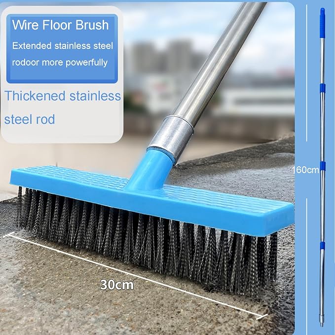 65" Long Handle Pool Brush - Heavy Duty Stainless Steel Wire Bristle Scrubber for Concrete Floor, Patio, Swimming Pool - 45° Angled Head, Long Handle Deck Broom