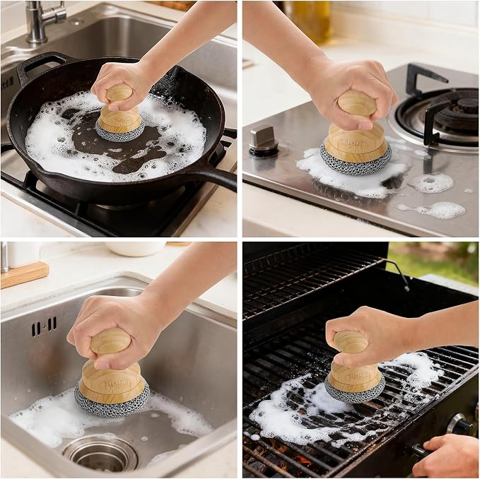 Scrubber for Cast Iron Pan, Pot Cleaner with 2 Scrapers,Chain Mail Cleaning Brush for Dishes, Pots, Pans, Griddles, Grills(Small Chain Mail,2pcs)