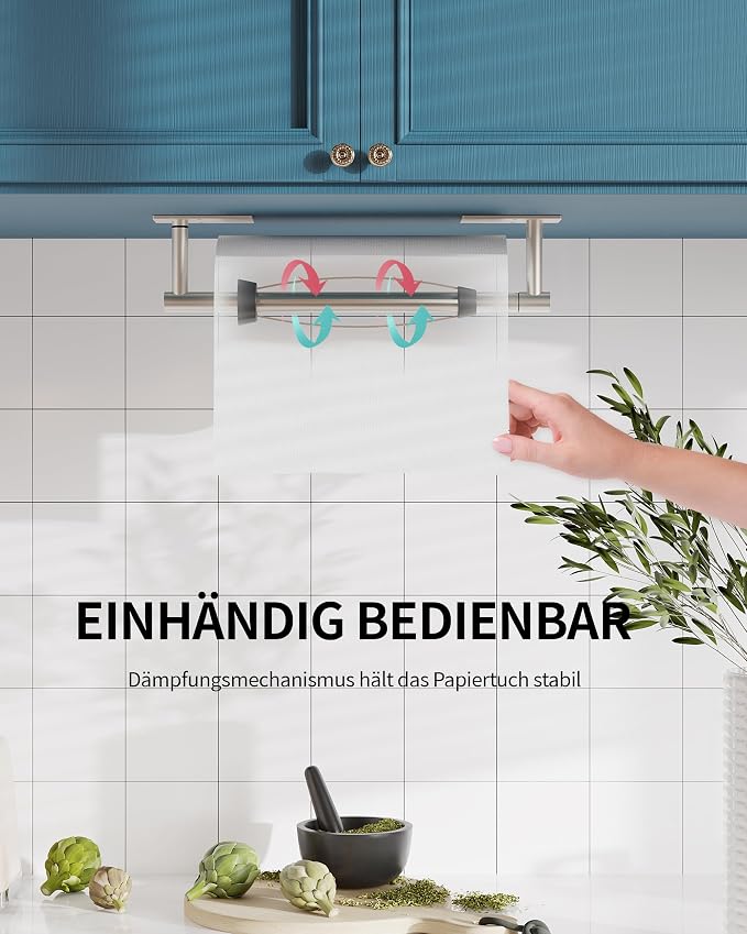 Paper Towel Holder Under Cabinet with Damping Single Hand Operable | 304 Stainless Steel Brushed Nickel Post Pivoting Design Wall Mounted & Self Adhesive, No Drilling Kitchen, Square Base