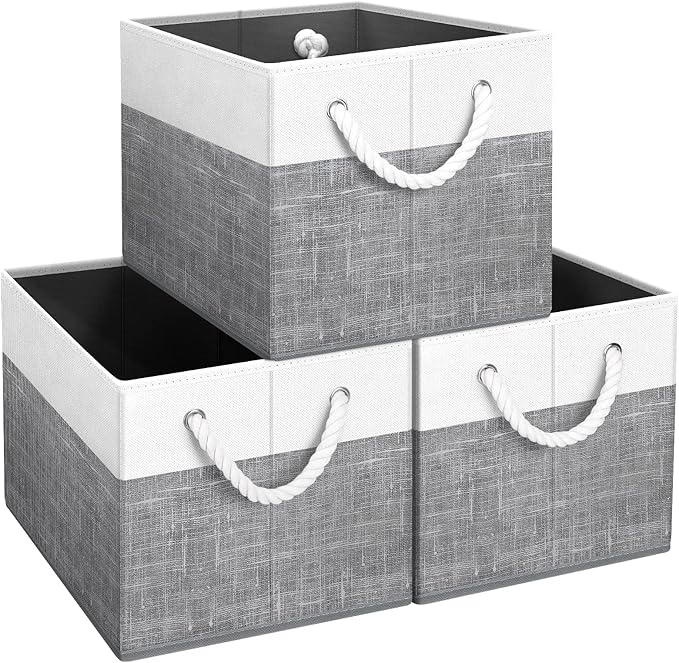 Storage Bins Foldable Storage Baskets with Rope Handles | 3-Pack Storage Bins for Organizing Toys, Books, Shelves, Closet, Large Storage Box Sturdy Organizer Bins, White & Grey