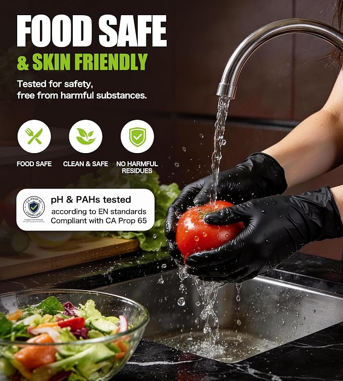 AnTools Food Safe Disposable Nitrile Gloves, Powder-Free, Textured Fingertips, Latex-Free, for Cooking, Food Prep, Cleaning, Pet Care, DIY, Black, Large