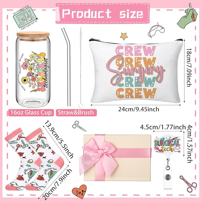 Skylety 5 Pcs Surgical Tech Gifts Set for Women | 16oz Glass Cup Sock Cosmetic Bag Badge Holder, Doctor Staff Surgical Technologist Appreciation Gift Box Accessories Stuff