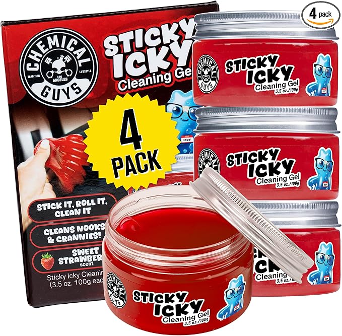 Chemical Guys, Sticky Icky Cleaning Gel, Sweet Strawberry, 0.88 oz, 4 Pack | Reusable gel presses into vents, cup holders and crevices to lift dust and crumbs, sweet strawberry, four pack