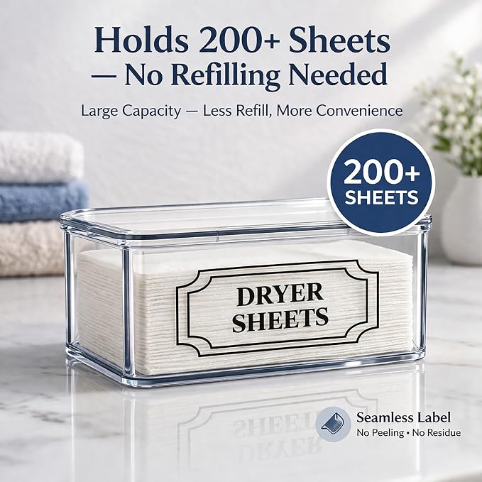 SSTATES Clear Acrylic Dryer Sheets Holder, Flip-top Laundry Pods Container with 2 Label Decals for Laundry Room Organization and Décor, Stackable Storage Box (1 Pc)