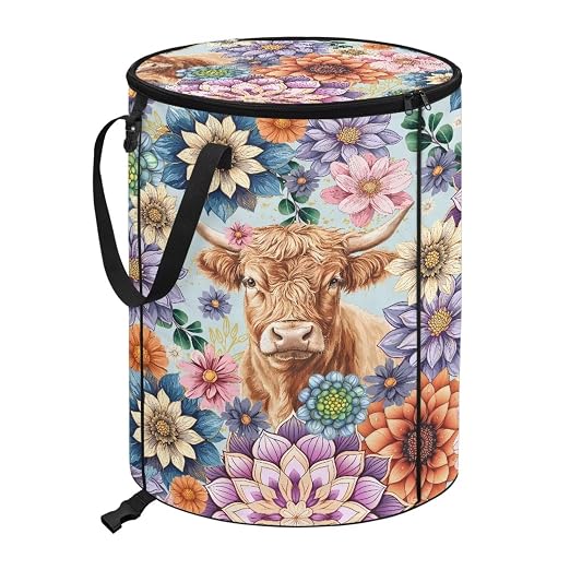 BIGCARJOB Boho Floral Big Trash Can with Lid, 22.83x17.71, Outdoor Recycling Bin Large Trash Can Outside Garbage Storage Bag for Camping Travel Beach, Highland Cow