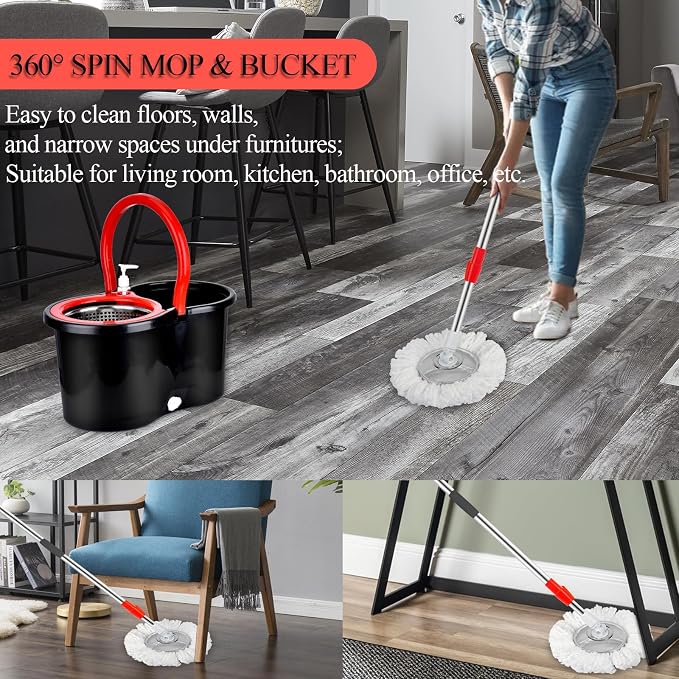 Spin Mop and Bucket with Wringer Set, 3 Mop Heads, 61" Adjustable Handle | 360° Spinning Mop Bucket System with 3 Microfiber Mop Heads & 61" Stainless Steel Adjustable Handle for Floor Cleaning