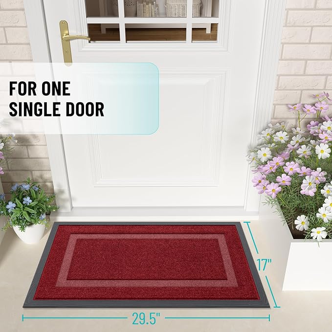 OLANLY Front Door Mat Outside 29.5x17, All-Season Heavy-Duty Rubber Doormat | Wine Red, Absorbent, Stain and Fade Resistant, Waterproof Non-Slip Backing, Low-Profile Indoor Outdoor Floor Mat for Entryway