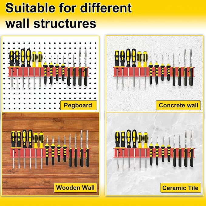 Screwdriver Plier Organizer Wall Mount,16" Screwdriver Holder,Red | 14 Holes Plier Holder,Heavy Duty Metal,Easy Install,Screw Organizer for Garage,Workshop,Workbench,Tool Chest,Space Saving