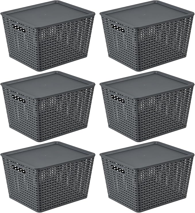 6 Pack Large Plastic Storage Baskets Bins with Lid, Gray | Stackable Storage Basket Organizer Bins with Lids for Organizing Shelves Pantry Closet, 14"x 11.65"x 8.66",