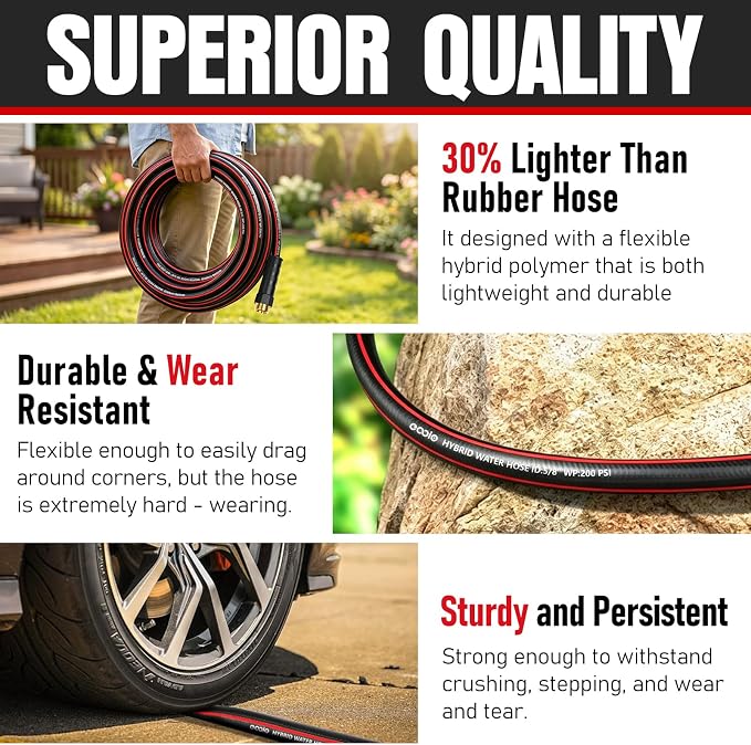 eavy Duty Garden Hose 25ft, NON-EXPANDABLE Flexible Water Hose, Kink Resistant Lightweight Hybrid Hose, Leakproof Hose Male to Female Fittings