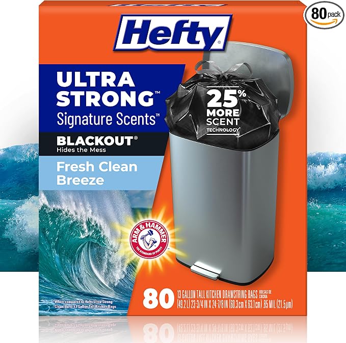 Hefty Ultra Strong Signature Scents 13G Trash Bags, Fresh Clean, 80ct | 13 Gallon Black Kitchen Trash Bags with 25% More Scent Technology, Resists Leaks, Punctures, Tears, Odor Control