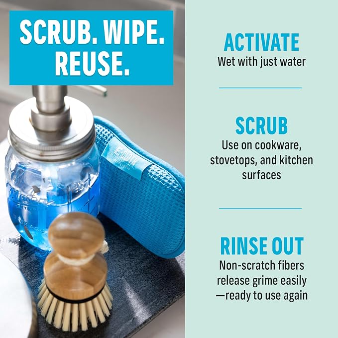E-Cloth Washing Up Pad, Premium Microfiber Non-Scratch Kitchen Dish Scrubber Sponge, Ideal for Dish, Sink and Countertop Cleaning, 100 Wash Guarantee, Blue, 1 Pack