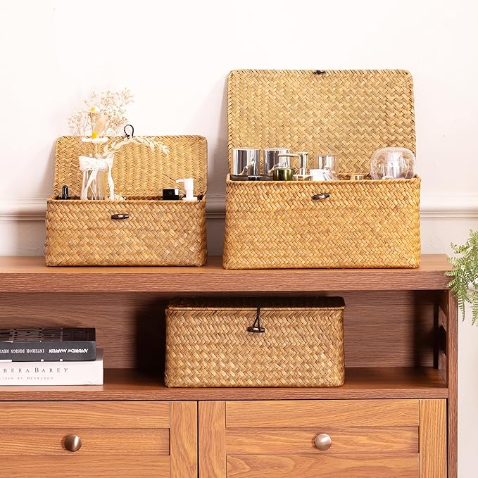 Nonam Wicker Storage Basket with Lid,Seagrass Shelf Basket Set of 3,Nautral | Wicker Basket Container for Organizing, Boho Decorative Basket, Rectangular Household Storage Boxes for Home Organization