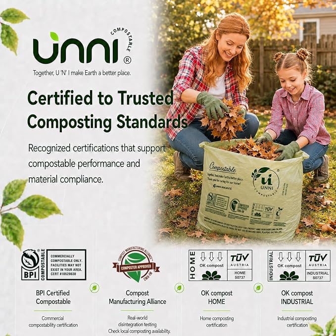 UNNI 30-33 Gallon Compostable Bags, 40 Count, 124 L, Extra Thick 1.1 Mil | Large Compost Bags for Lawn, Leaf & Yard Waste & Kitchen Organics, 2 Packs of 30, Certified by BPI, CMA & OK compost HOME