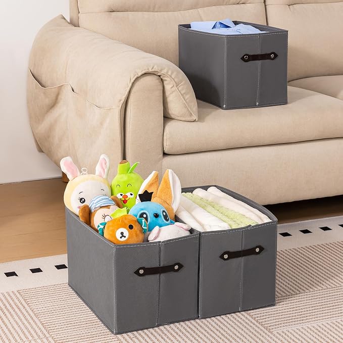 1 Pack Large Collapsible Storage Baskets for Shelves,14.9"x9.5" Fabric Closet storage Boxes with Leather Handles,Decorative Organizers Storage Bins for Clothes,Sheets,Toys,Books,(Gray)