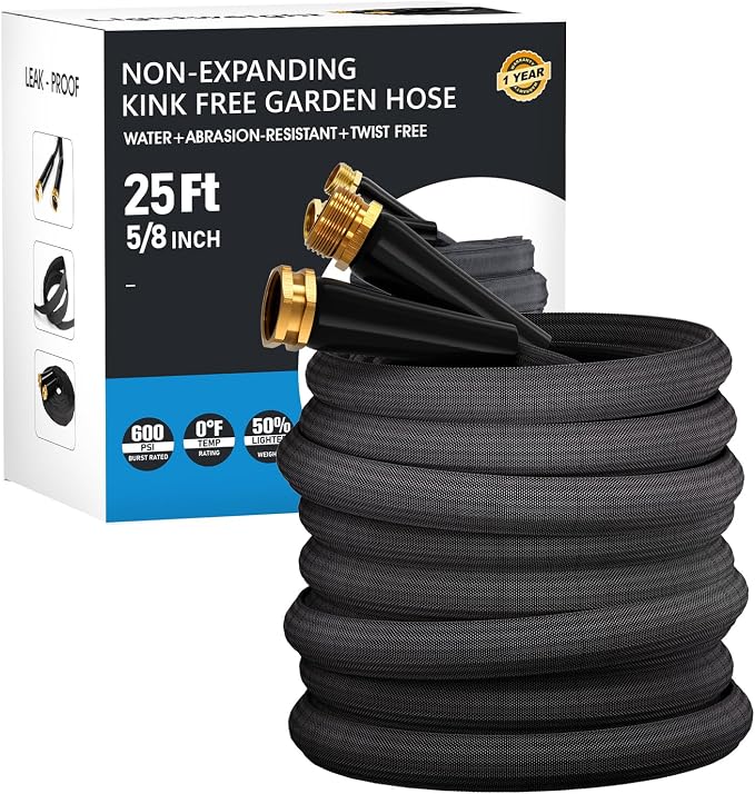 25 FT Garden Hose, Non-Expanding Water Hose, Ultra Flexible, Burst-Resistant, Kink-Free, High-Pressure Garden Hose for Easy All-Weather Use on Lawns, Gardens, and Outdoor Cleaning