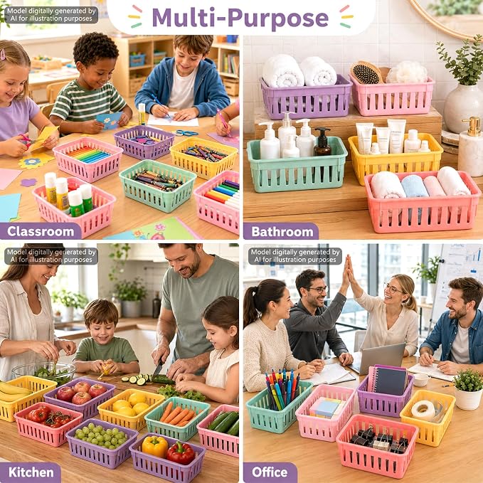 gisgfim 12 Pack Classroom Small Plastic Baskets for Organizing Mini Pencil Crayon Storage Bins Classroom Container Boxes for School Teacher Supplies Home Office Desk 6.1" L X 4.7" W X 2.4" H (Pastel)