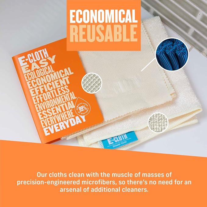 E-Cloth Shower Cleaning Kit, Reusable Microfiber Cleaning Cloth, Ideal Shower Cleaner for Glass, Tile, Ceramic, Bathroom and Bathtub, 100 Wash Guarantee, Ivory, 2 Cloth Set