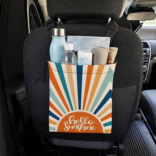 Boho Colorful Sunshine Car Trash Bag Hanging for Back Seat | Mid Century Modern Sun Canvas Drawstring Car Garbage Bag with Adjustable Buckle Vehicle Trash Can