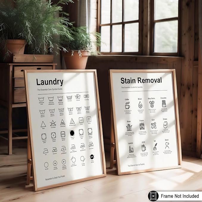 Poster Master 2-Piece Essential Guide for Laundry Print - Stain Removal Poster - Infographic Art - Black & White Design - Symbols & Instructions Art - Laundry Room Decor - 18x24 UNFRAMED Wall Art