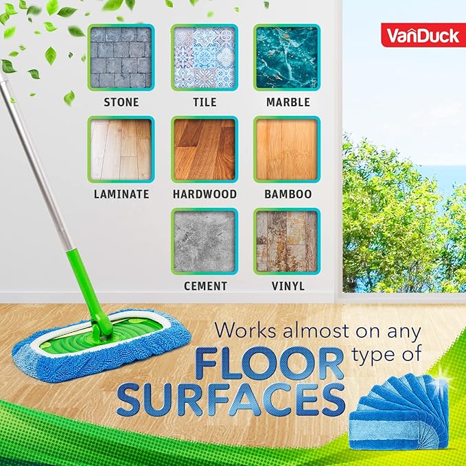VanDuck Reusable Microfiber Mop Pads for Swiffer Sweeper (4-Pack), Blue | Handle not included, machine washable wet & dry mopping cloths, mop head replacement floor cleaning