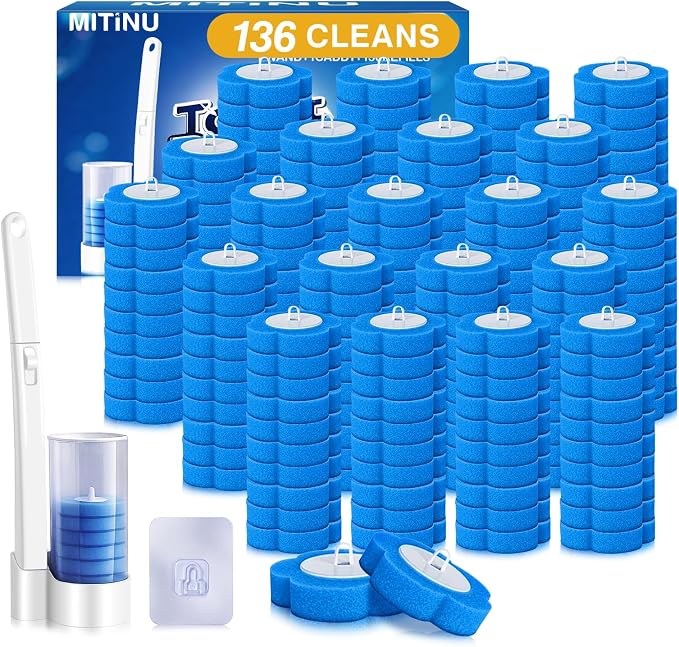 Disposable Toilet Brush with 136 Refills, Toilet Bowl Wand and Holder, White Toilet Cleaning Brush, Toilet Bowl Wand Kit Wall-Mounted, Toilet Brush Refill for Efficient and Deep Scrub Toilet