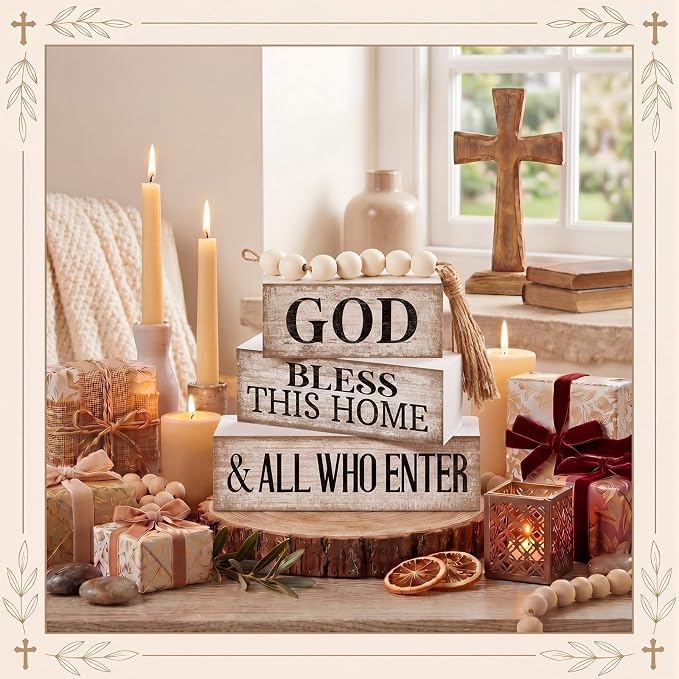 Moucuny 4 Pcs Christian Table Decor Rustic God Bless This Home Stacked Sign | Christian Living Room Mantle Decor, Stackable Signs with Bead Tassel, God Bless Theme, Rustic Centerpiece Gift for Home