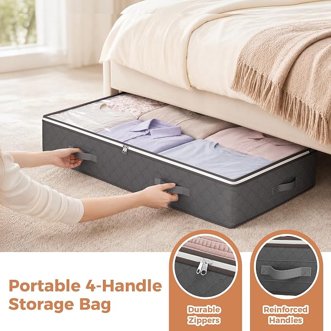 Budding Joy 95L Under Bed Storage Containers, 2 Pack Storage Bins, Grey | Underbed Storage Bags for Blankets, Towels, Comforter, Sweaters, Linen Sheets, Wrapping Paper