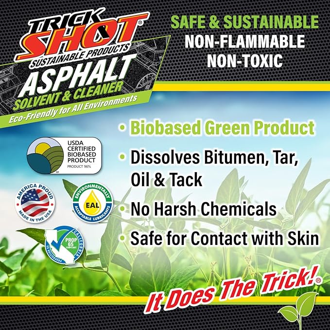 Trick Shot Asphalt Solvent and Cleaner - USDA Biobased Industrial Degreaser for Paving Equipment & Tools, Heavy Duty Formula, Food Grade Tar Remover & Bitumen Remover, Made in USA - 16 Fl Oz 6-Pack