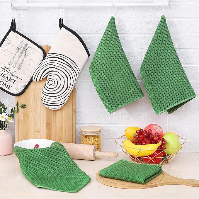 Homaxy 100% Cotton Waffle Weave Kitchen Dish Cloths 8-Pack, Grass Green | 12 x 12 Inches, Ultra Soft Absorbent Dish Towels, Quick Drying Dish Rags with Hanging Loop