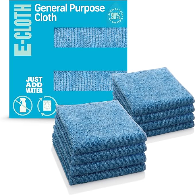 E-Cloth General Purpose Cleaning Cloth Kit, Reusable Cleaning Towel, 8 Pack | Cleaning Cloths for House, Versatile Use for Glasses, Windows, Mirrors, Cars, Cameras, Cleans with Water, Alaskan Blue