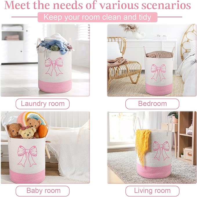 Honeydak 15'' x 18'' Pink Bow Cotton Rope Laundry Basket Hamper Large Laundry Basket Hamper Coquette Bow Room Decor Girls Girly Nursery Storage Bin Tall Round Organizer Blanket Toys Clothes(Bowknot)