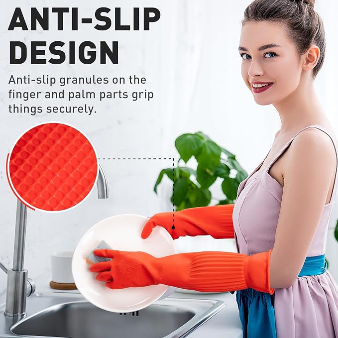 ThxToms Rubber Dishwashing Cleaning Gloves (2-Pair) - Fleece Lined | Reusable Long Dish Gloves for Washing Dishes, Waterproof Kitchen Gloves with Extra-Long Cuff & Anti-Slip Design, Small
