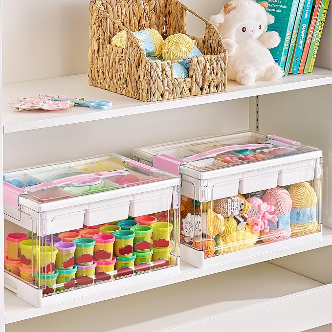 Vtopmart 24 QT Clear Craft Organizer with Removable Tray & Dividers,Pink,1 Pack | Storage Box for Coloring Books, Modeling Clay, Molds and Art Supplies, Removable Tray for Craft Supplies Organization
