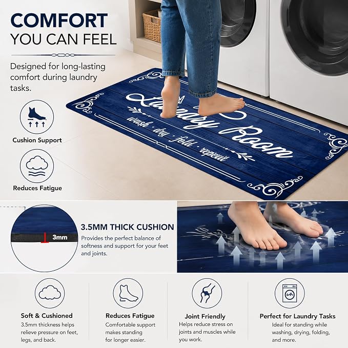 Non-Slip Laundry Room Rug Runner 17.3"x47.2" Washable Floor Cushioned Rubber Carpet Blue Bathroom Hallway Mudroom Kitchen Mat for Farmhouse Entryway Washroom Decor Accessories