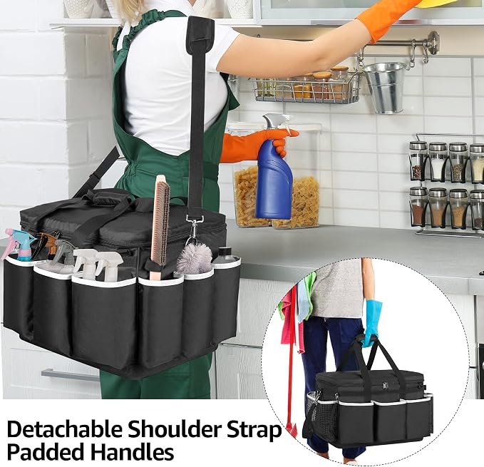 HODRANT Extra-Large Cleaning Caddy with EVA Hard Bottom with Shoulder Strap | High Capacity Cleaning Supplies Organizer for Housekeeping & Home Work, Cleaner Tools Tote Bag, Patent Design