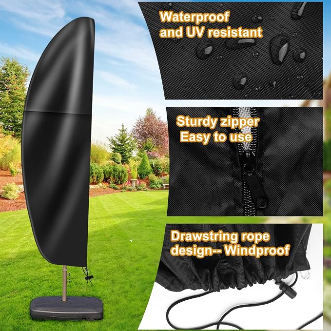 OKPOW Cantilever Patio Umbrella Cover: Fits 7.5-11.5 FT Outdoor Umbrellas | Easy Install with Rod & Long Zipper, Waterproof 420D Oxford Cover, Protects Offset Umbrella from Sun, Rain, Snow & Dust