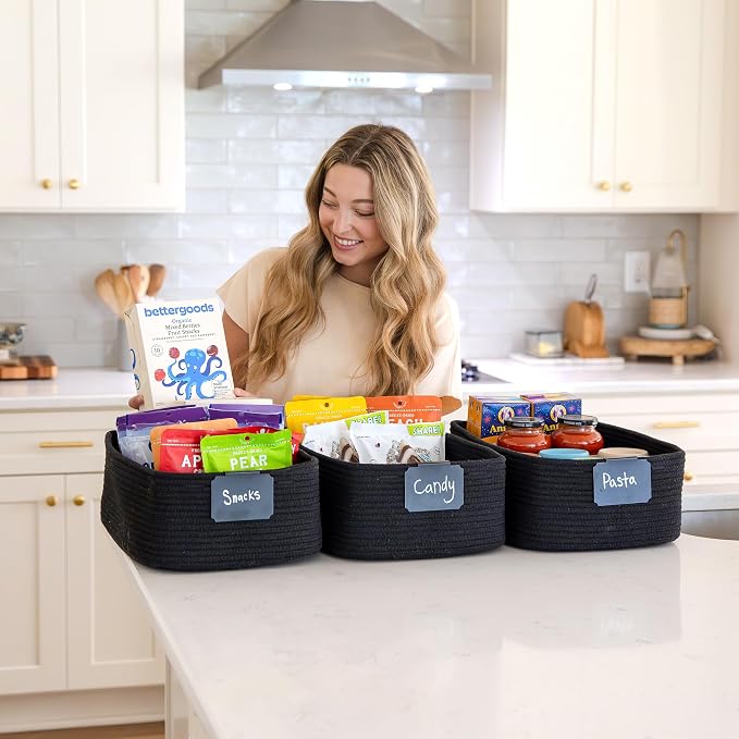 Woven Rope Baskets for Organizing, 3 Pack, 15.5 x 11 x 5.5" Storage Bins | Storage baskets and organizer bins for shelves, pantry, closet storage, toy organizer, bathroom storage, nursery, towels