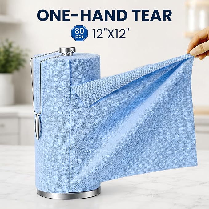 Veco Microfiber Cleaning Cloth Roll with Holder 80 PCS, 12" x 12" Blue | Tear Away Reusable Towels, Lint-Free & Streak-Free Cleaning Cloths, Paper Towel Alternative for Kitchen, Home & Car
